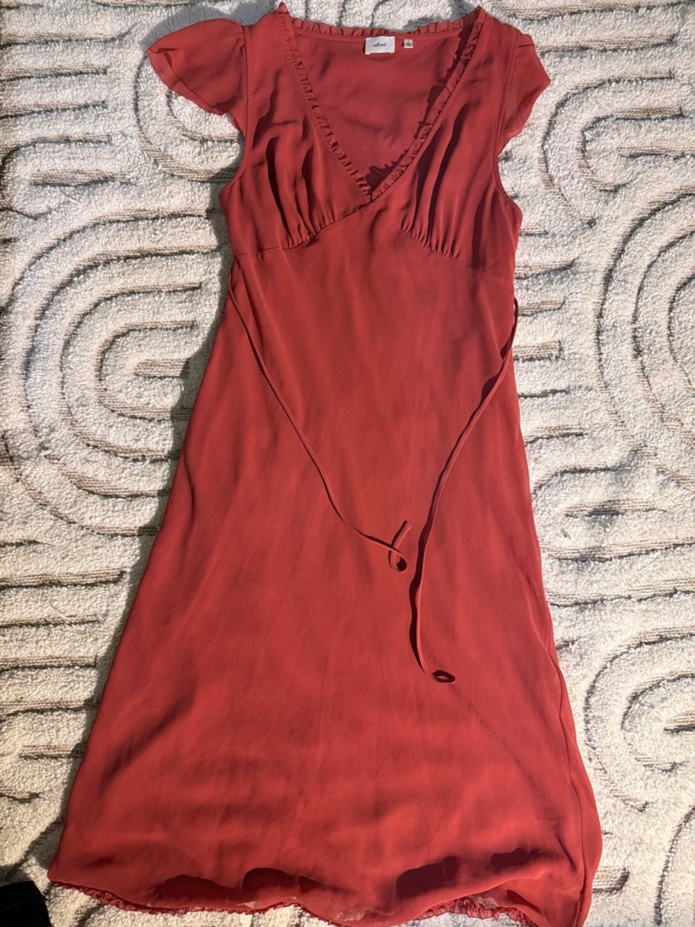 Wilfred Rust Red Wrap Midi Dress with Ruffle Trim